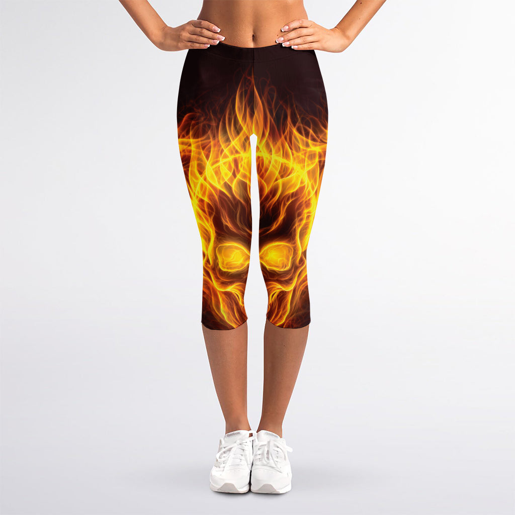 Three Flaming Skull Print Women's Capri Leggings