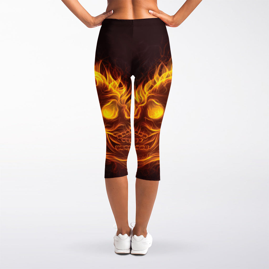 Three Flaming Skull Print Women's Capri Leggings