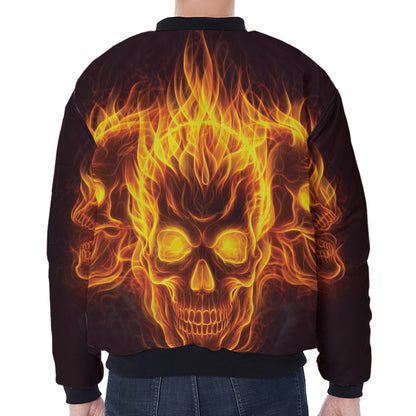 Three Flaming Skull Print Zip Sleeve Bomber Jacket