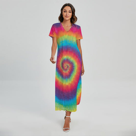 Tie Dye Print Short Sleeve Maxi Dress