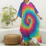 Tie Dye Print Silk V-Neck Kaftan Dress