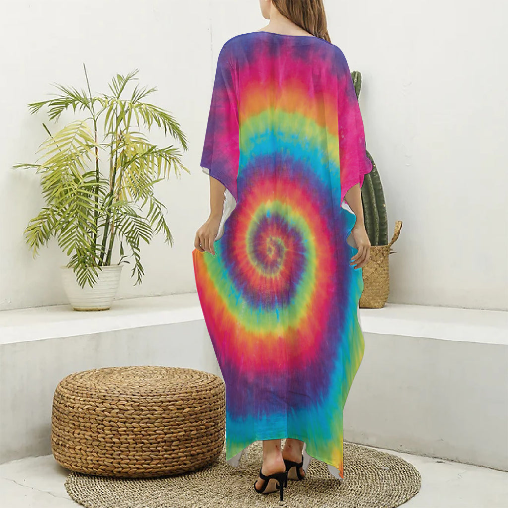 Tie Dye Print Silk V-Neck Kaftan Dress