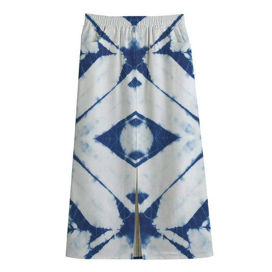 Tie Dye Shibori Pattern Print Cotton Front Slit Maxi Skirt