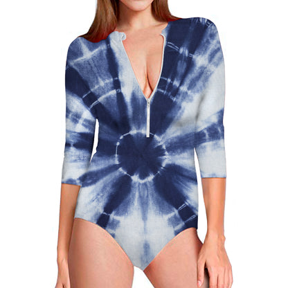 Tie Dye Shibori Print Long Sleeve Swimsuit