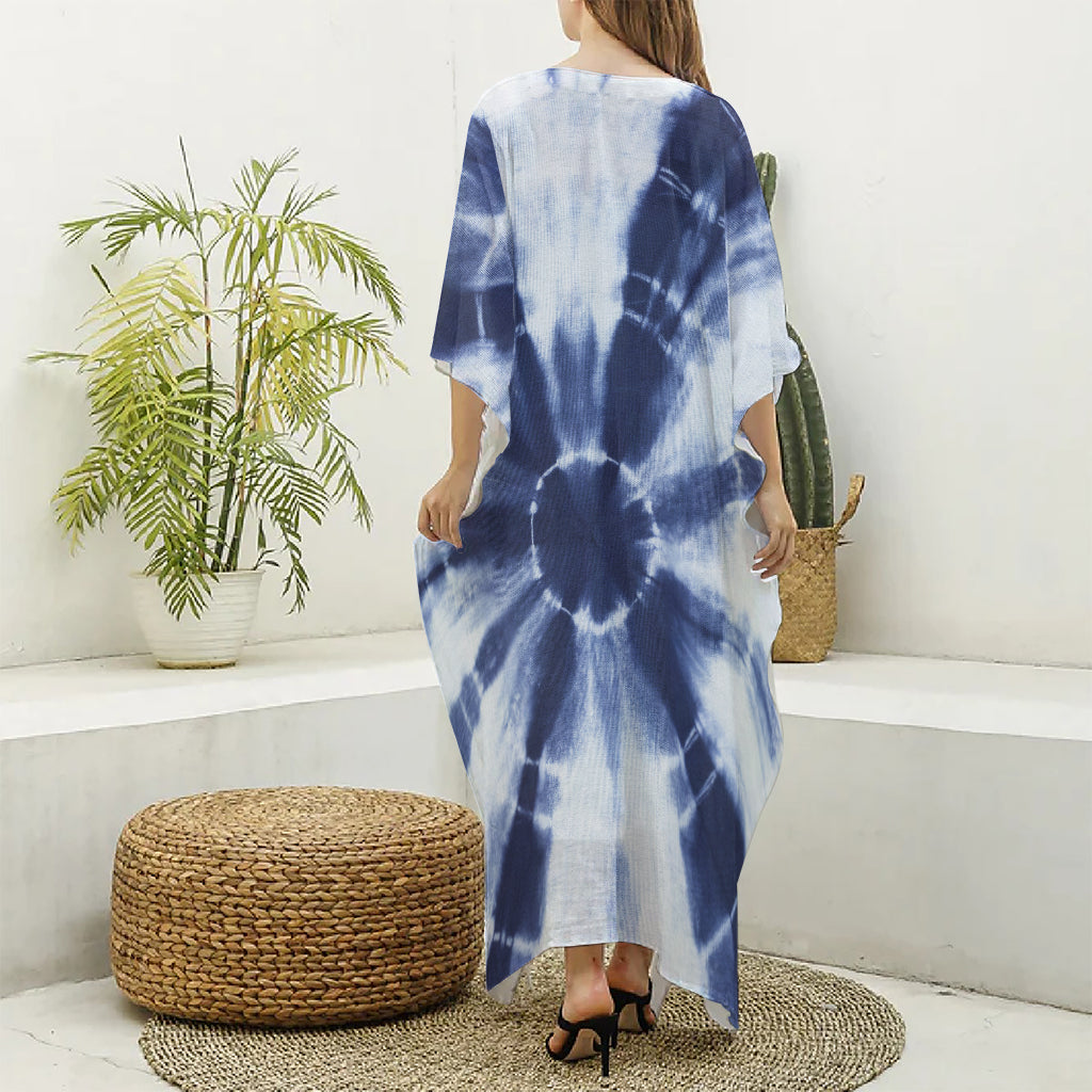 Tie Dye Shibori Print Silk V-Neck Kaftan Dress