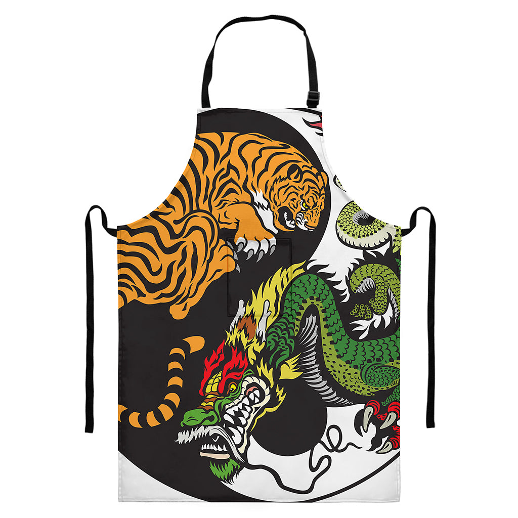 Tiger And Dragon Yin Yang Print Bib Apron With Pocket