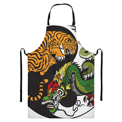 Tiger And Dragon Yin Yang Print Bib Apron With Pocket