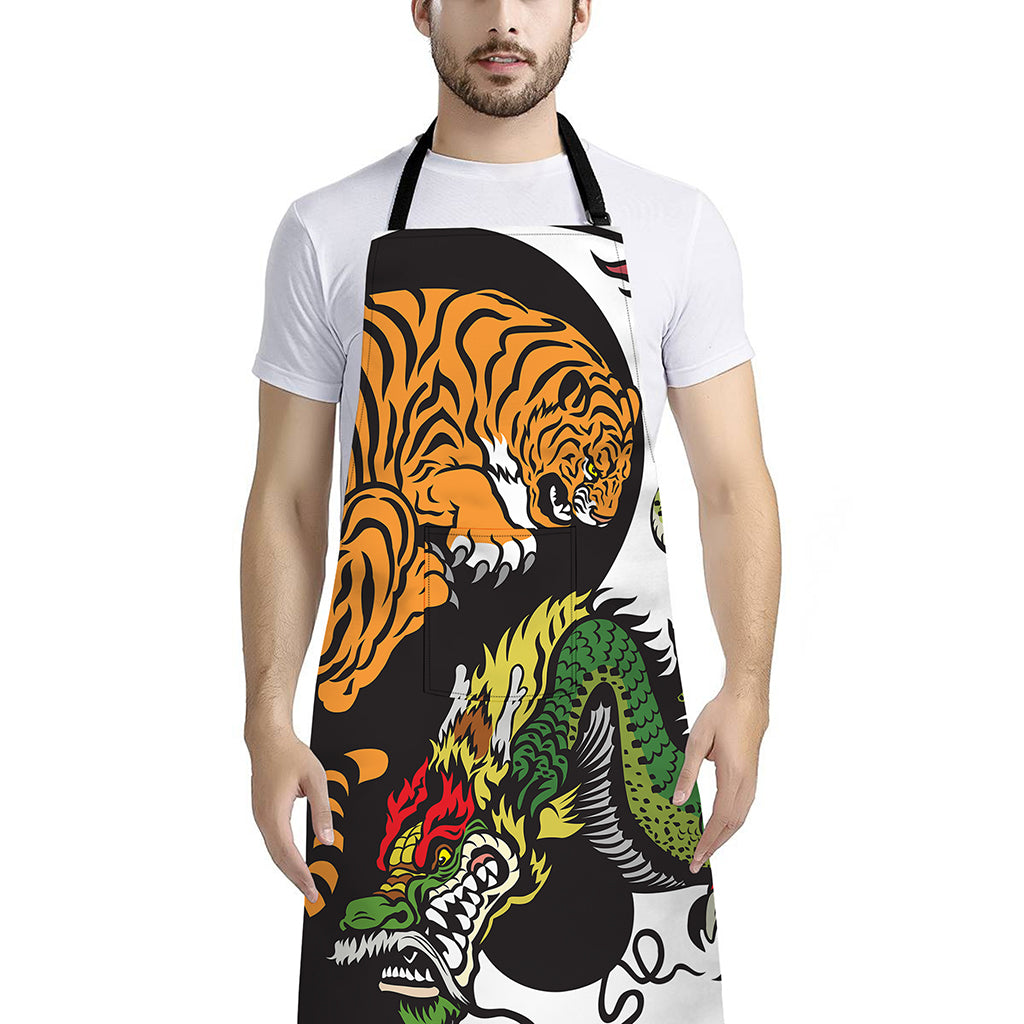 Tiger And Dragon Yin Yang Print Bib Apron With Pocket