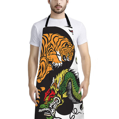 Tiger And Dragon Yin Yang Print Bib Apron With Pocket