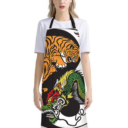 Tiger And Dragon Yin Yang Print Bib Apron With Pocket
