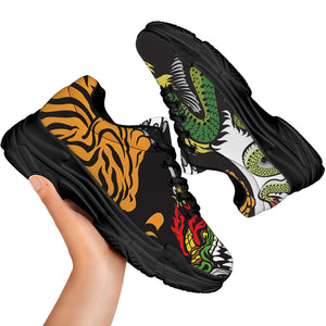 Tiger And Dragon Yin Yang Print Black Chunky Shoes