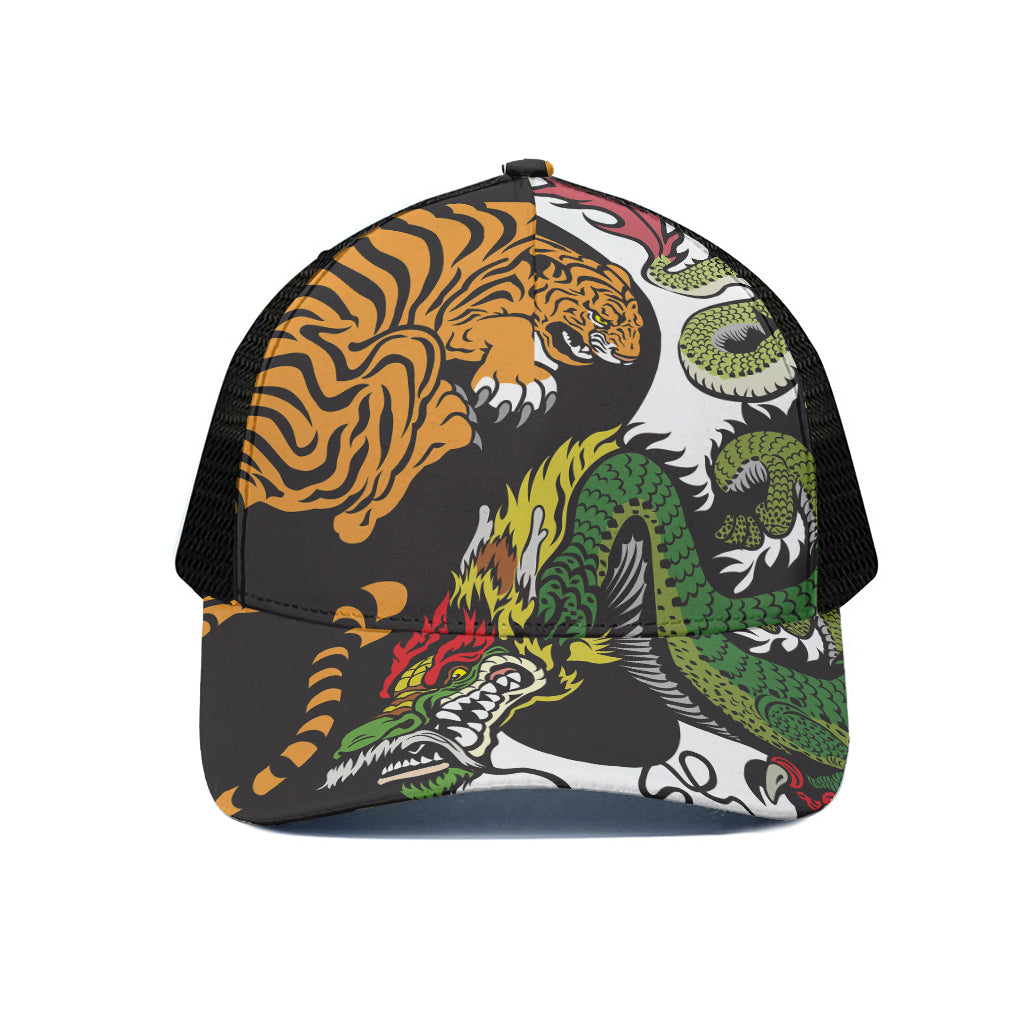 Tiger And Dragon Yin Yang Print Black Mesh Trucker Cap