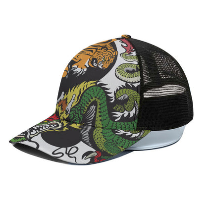 Tiger And Dragon Yin Yang Print Black Mesh Trucker Cap