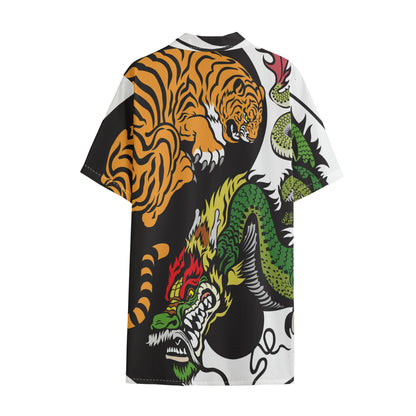 Tiger And Dragon Yin Yang Print Cotton Hawaiian Shirt