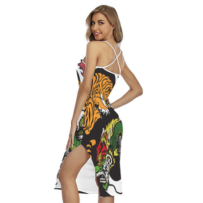 Tiger And Dragon Yin Yang Print Cross Back Cami Dress