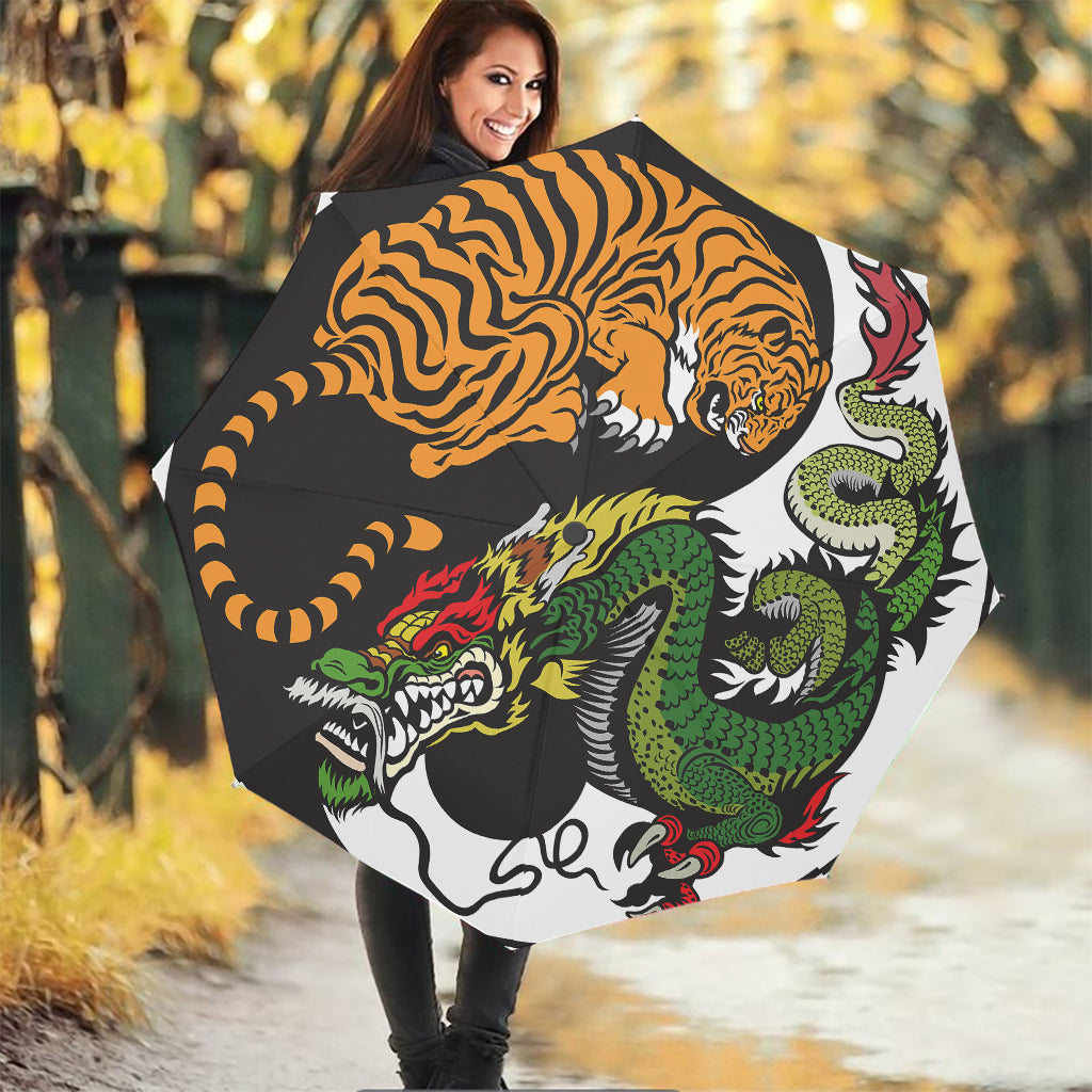 Tiger And Dragon Yin Yang Print Foldable Umbrella