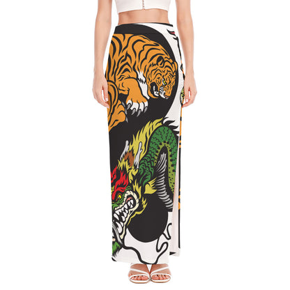 Tiger And Dragon Yin Yang Print High Slit Maxi Skirt