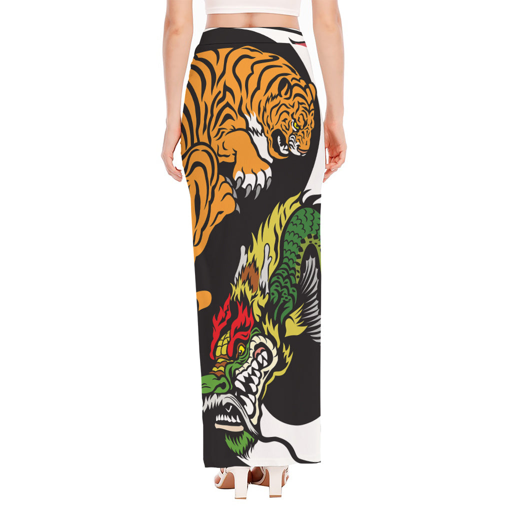 Tiger And Dragon Yin Yang Print High Slit Maxi Skirt