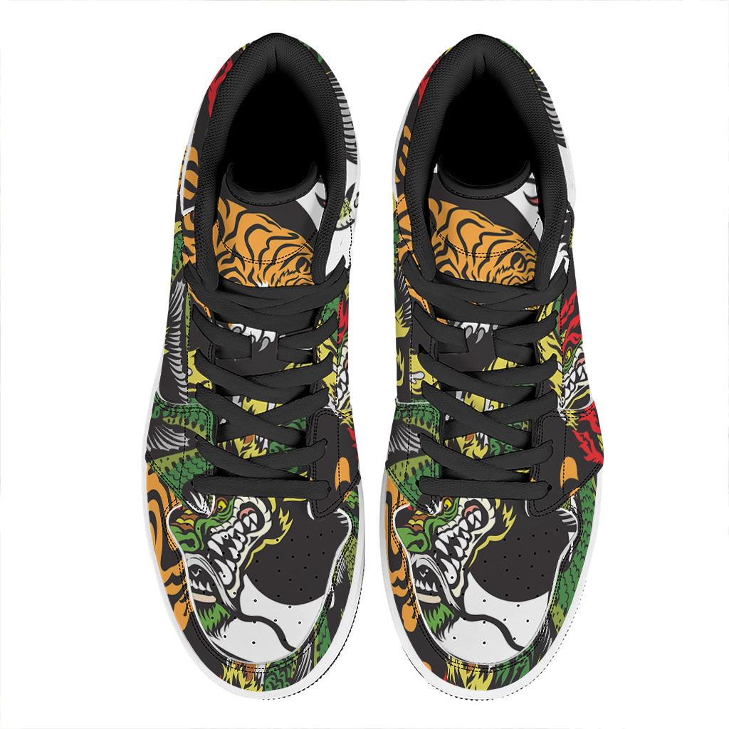 Tiger And Dragon Yin Yang Print High Top Leather Sneakers