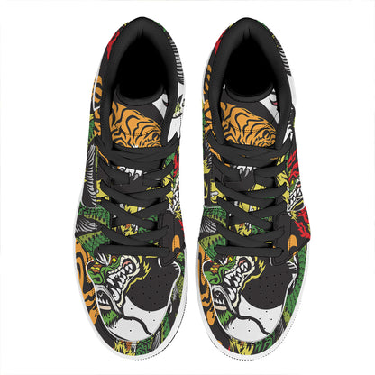 Tiger And Dragon Yin Yang Print High Top Leather Sneakers