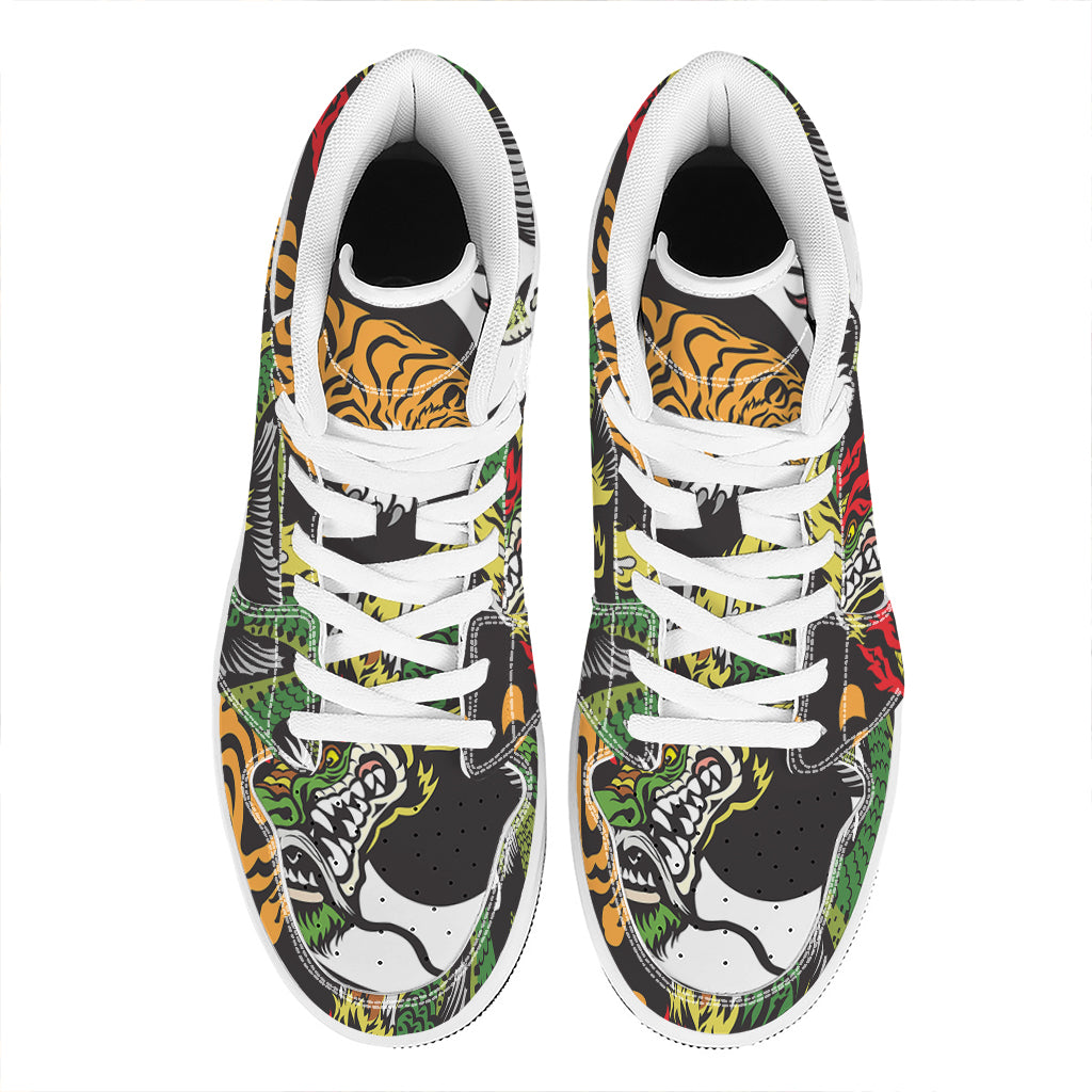 Tiger And Dragon Yin Yang Print High Top Leather Sneakers
