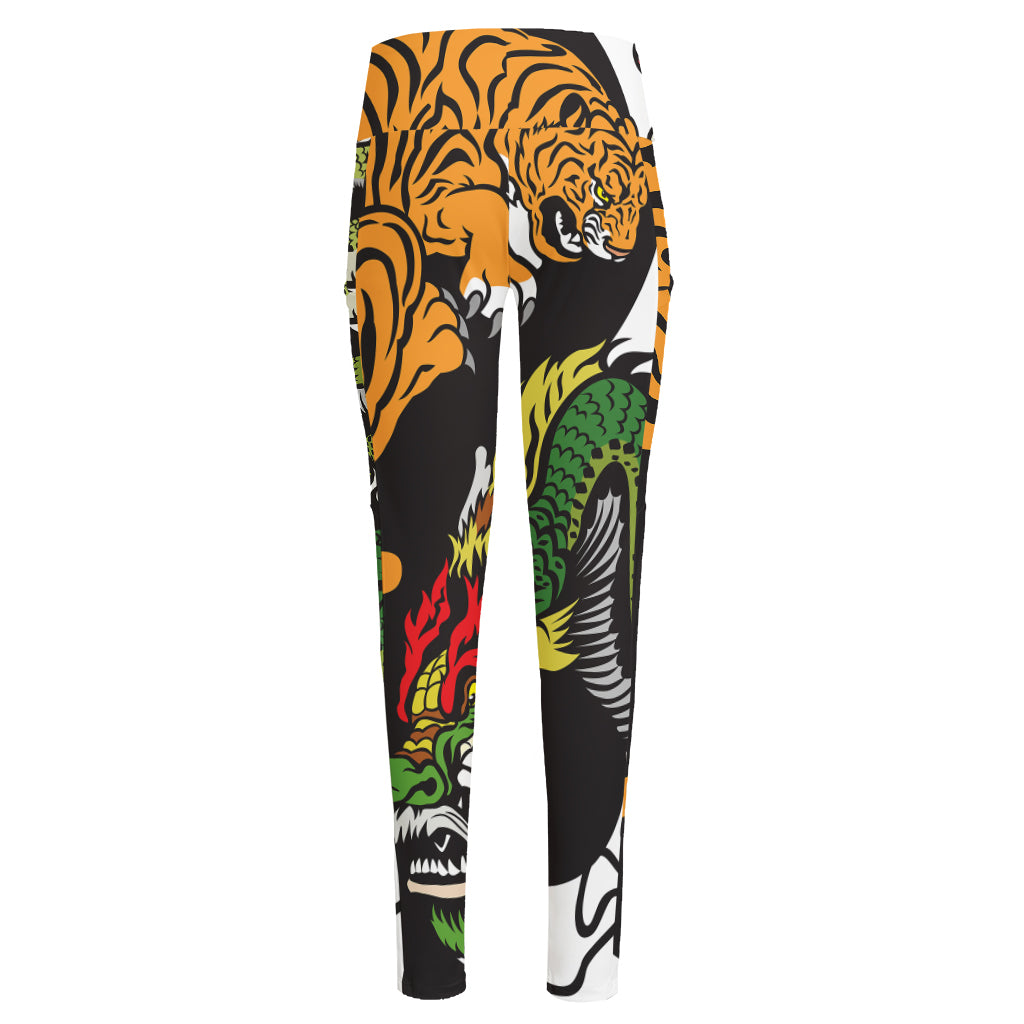 Tiger And Dragon Yin Yang Print High-Waisted Pocket Leggings