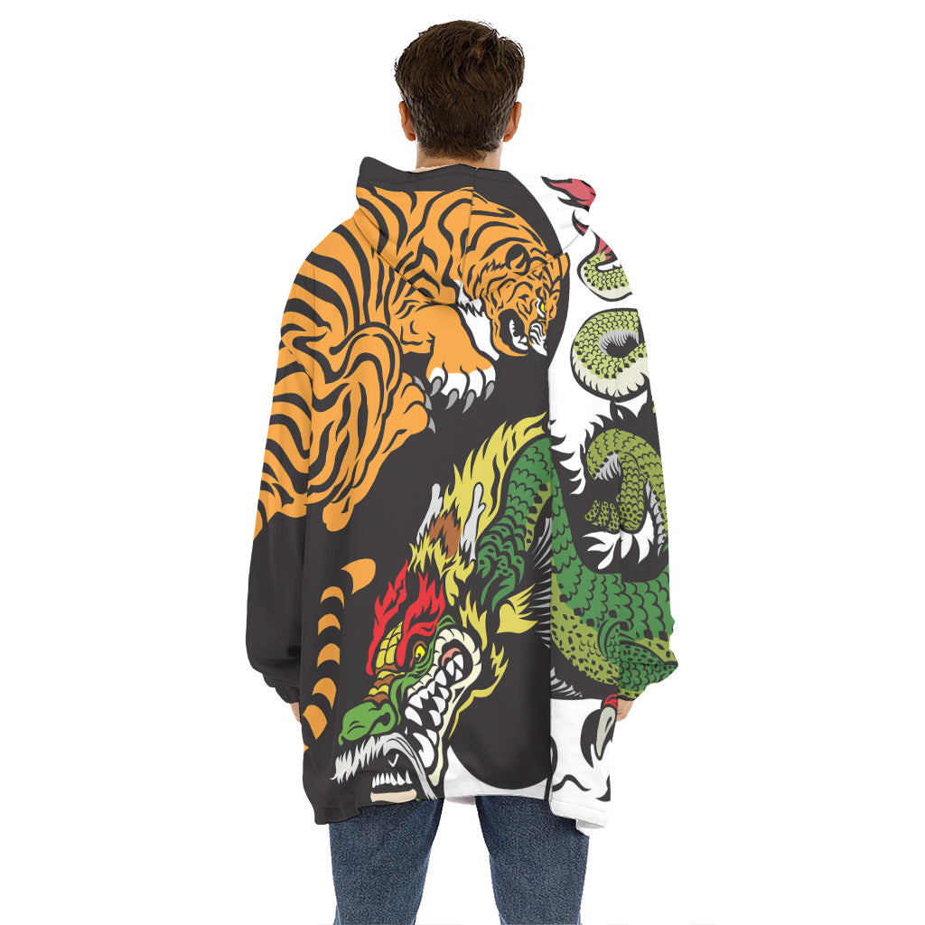 Tiger And Dragon Yin Yang Print Hoodie Blanket