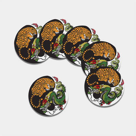 Tiger And Dragon Yin Yang Print Leather Coaster Set