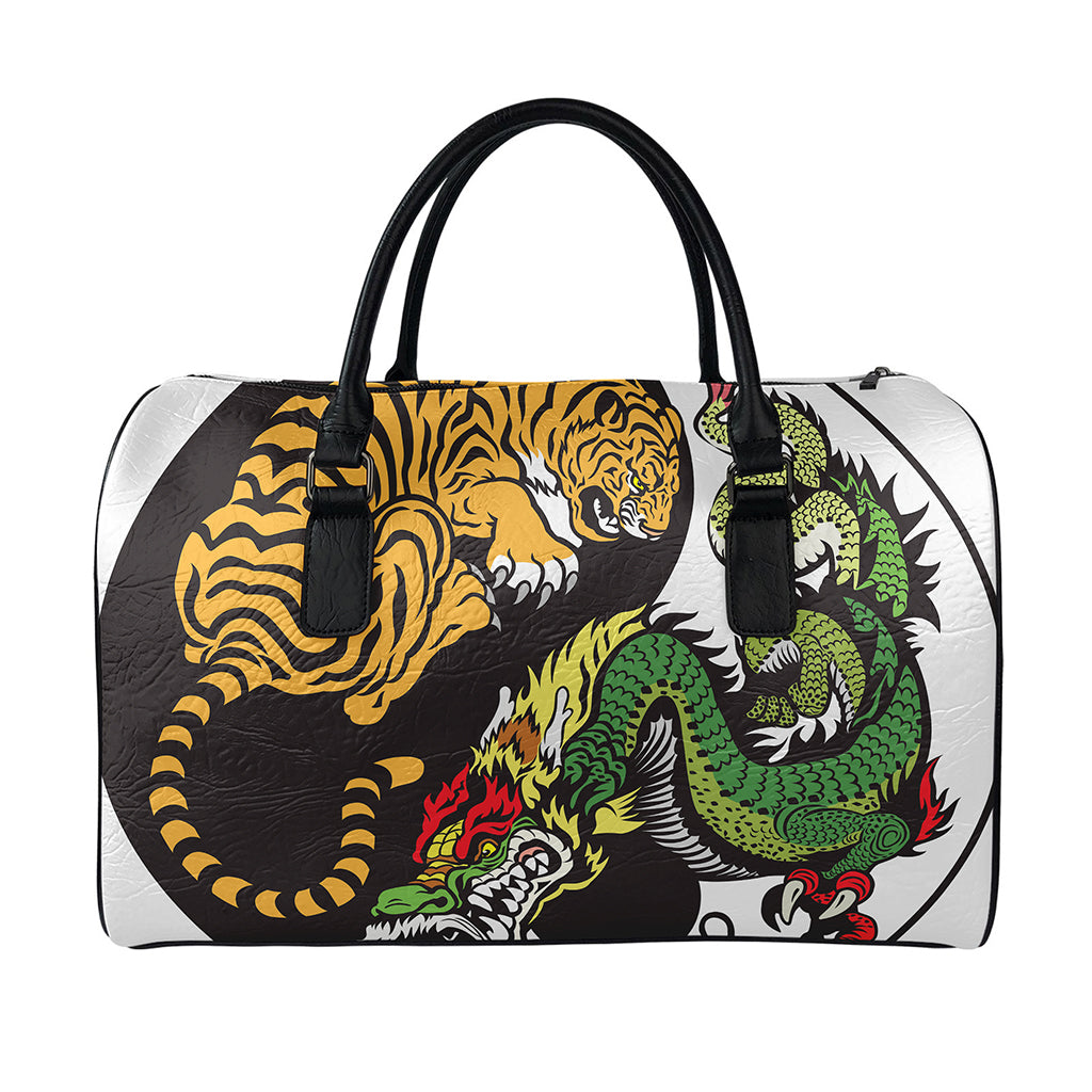 Tiger And Dragon Yin Yang Print Leather Duffle Bag
