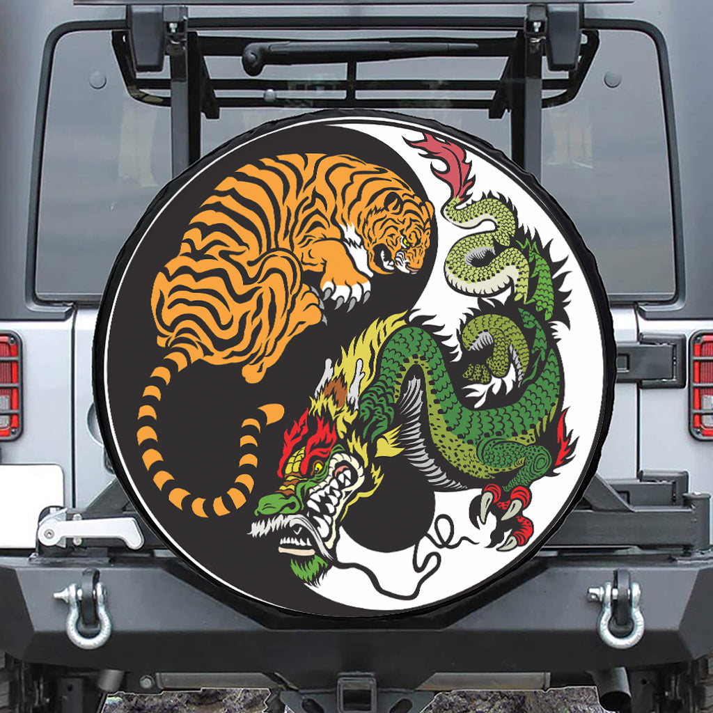 Tiger And Dragon Yin Yang Print Leather Spare Tire Cover