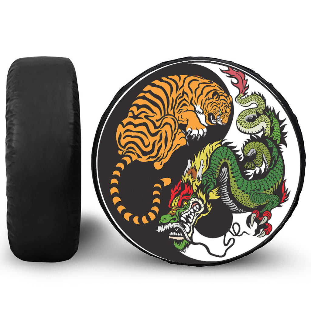 Tiger And Dragon Yin Yang Print Leather Spare Tire Cover