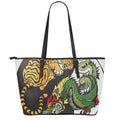 Tiger And Dragon Yin Yang Print Leather Tote Bag With Zipper