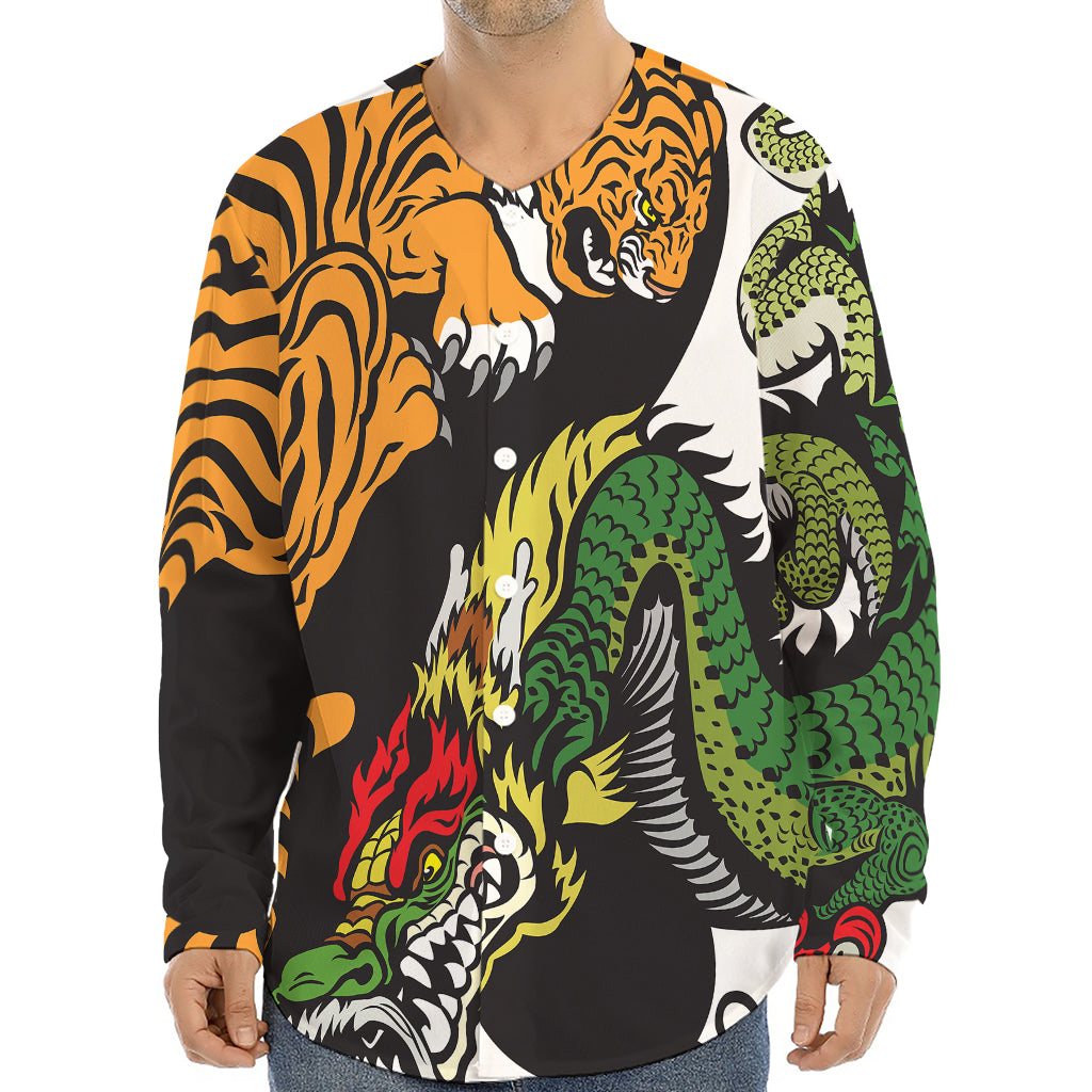 Tiger And Dragon Yin Yang Print Long Sleeve Baseball Jersey