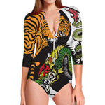 Tiger And Dragon Yin Yang Print Long Sleeve Swimsuit