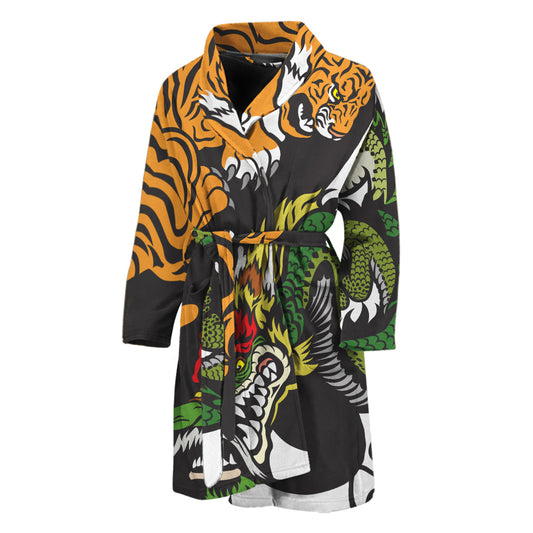 Tiger And Dragon Yin Yang Print Men's Bathrobe
