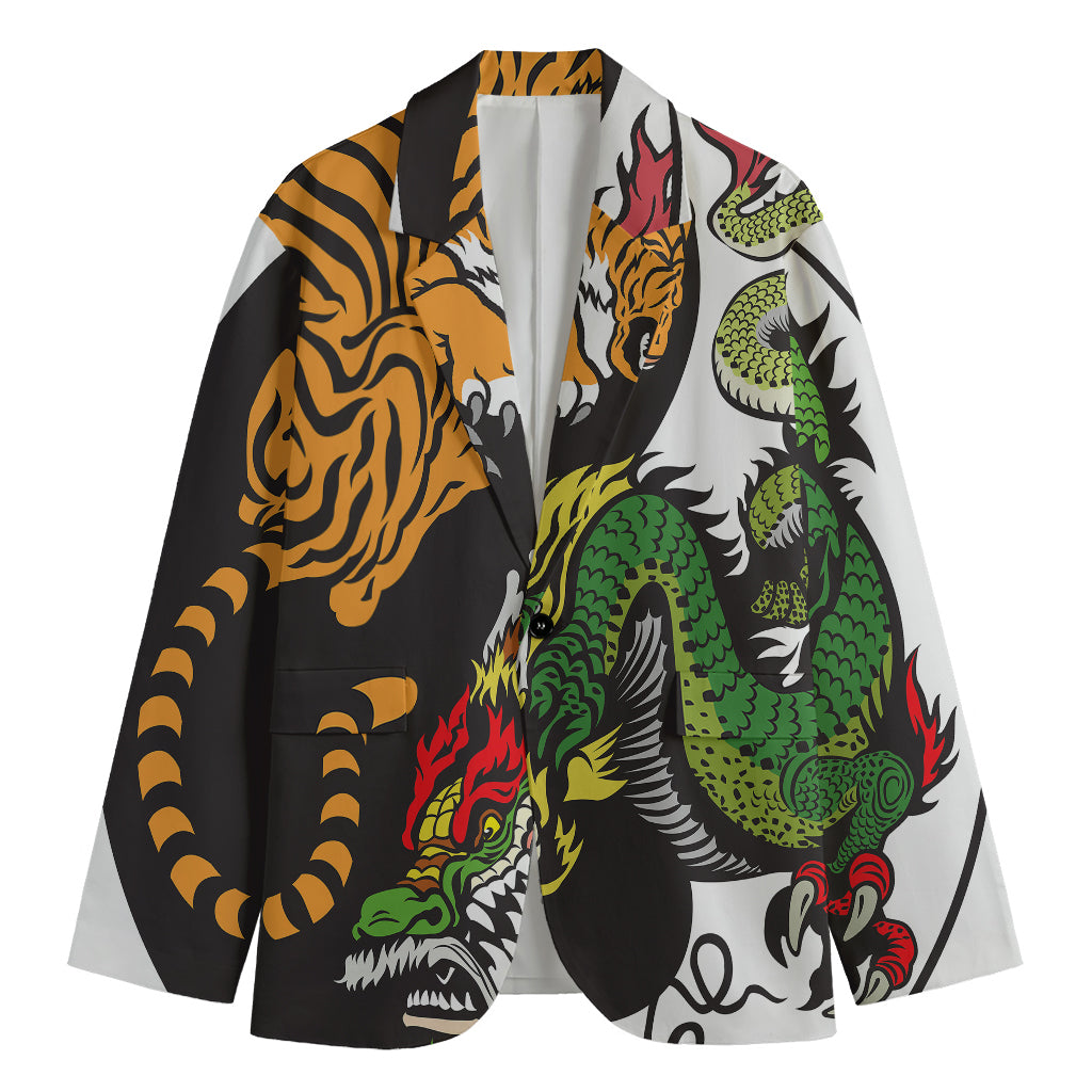 Tiger And Dragon Yin Yang Print Men's Cotton Blazer