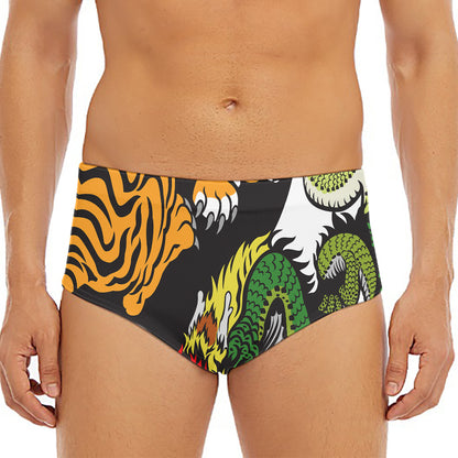 Tiger And Dragon Yin Yang Print Men's Triangle Swim Briefs