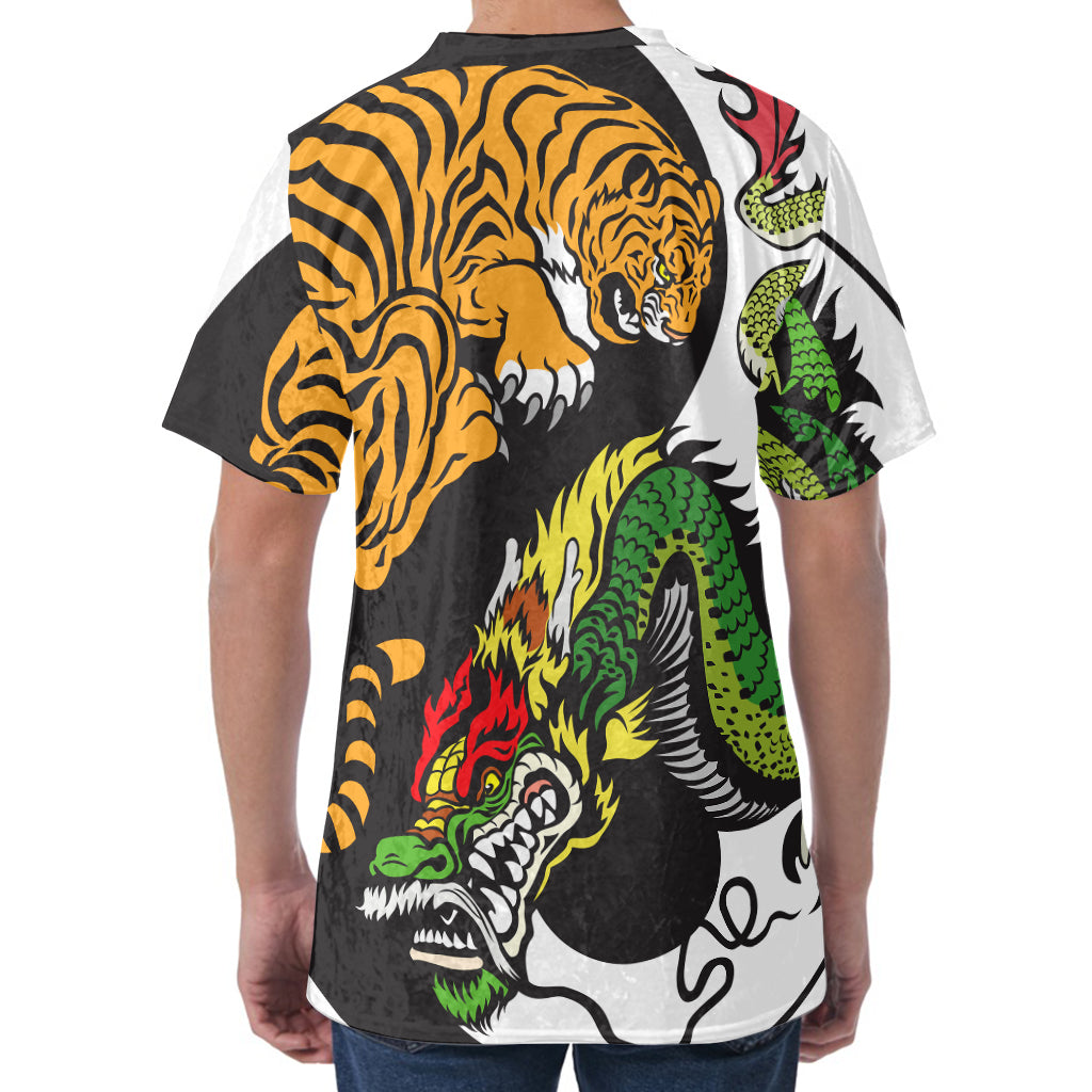 Tiger And Dragon Yin Yang Print Men's Velvet T-Shirt