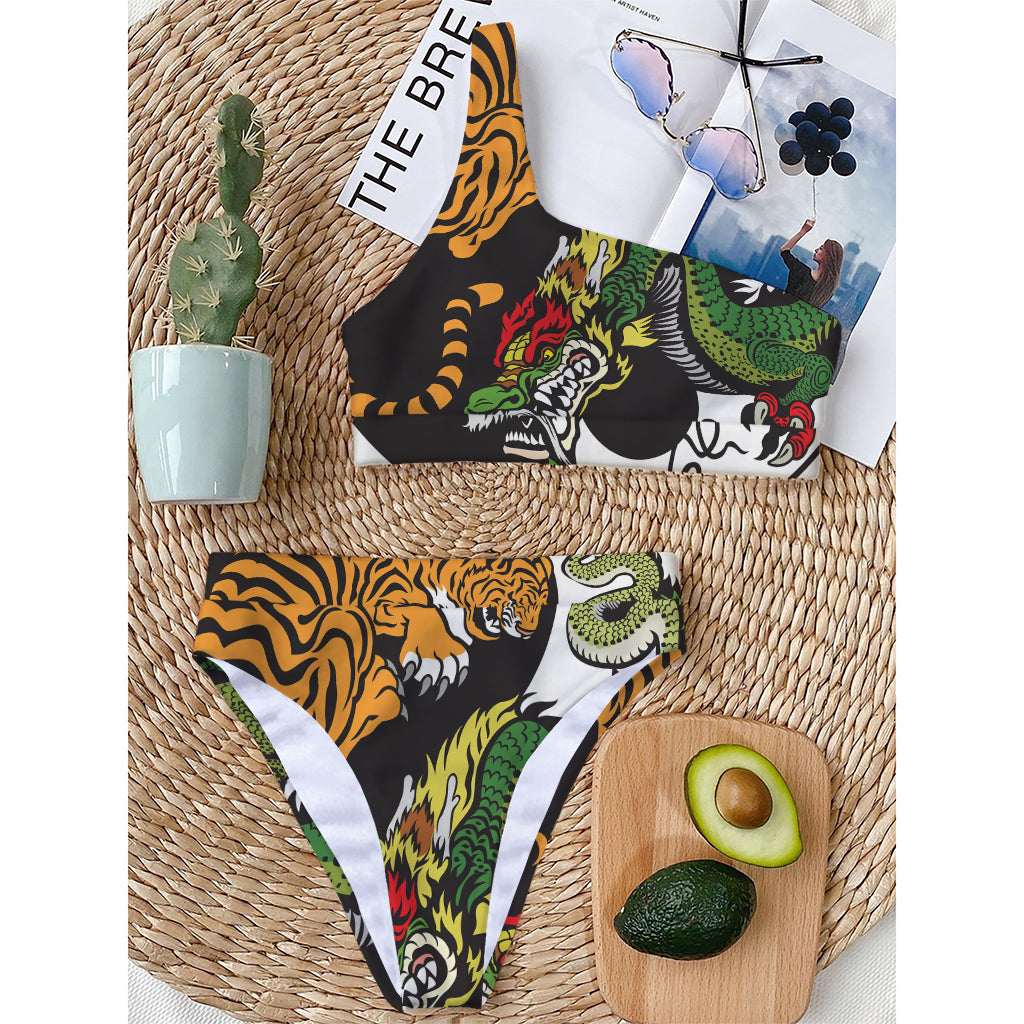 Tiger And Dragon Yin Yang Print One Shoulder Bikini Top