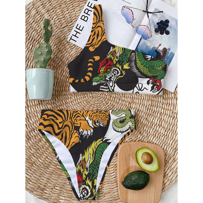 Tiger And Dragon Yin Yang Print One Shoulder Bikini Top