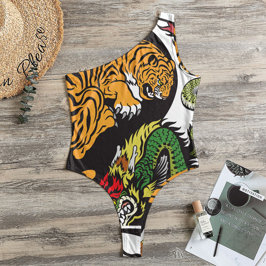 Tiger And Dragon Yin Yang Print One Shoulder Bodysuit