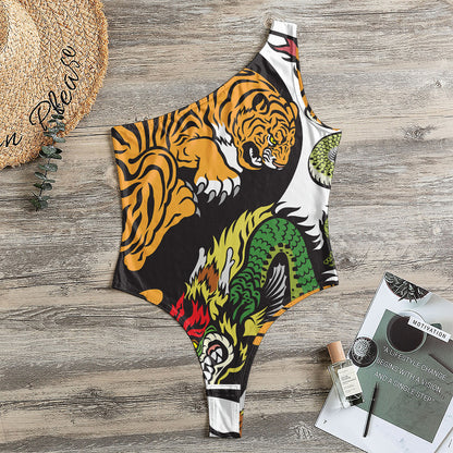 Tiger And Dragon Yin Yang Print One Shoulder Bodysuit