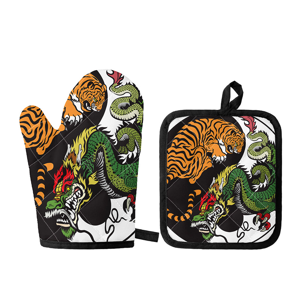 Tiger And Dragon Yin Yang Print Oven Mitt And Pot Holder Set