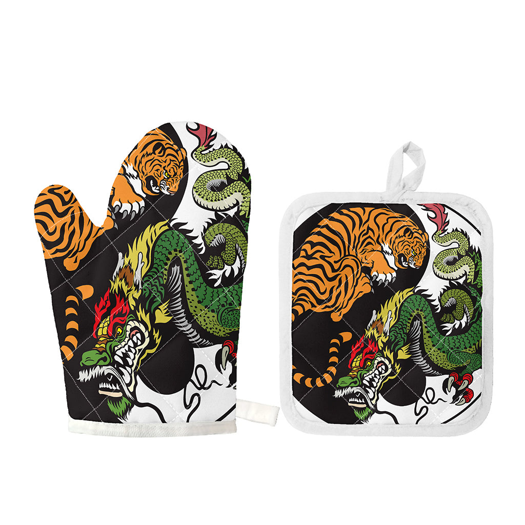 Tiger And Dragon Yin Yang Print Oven Mitt And Pot Holder Set