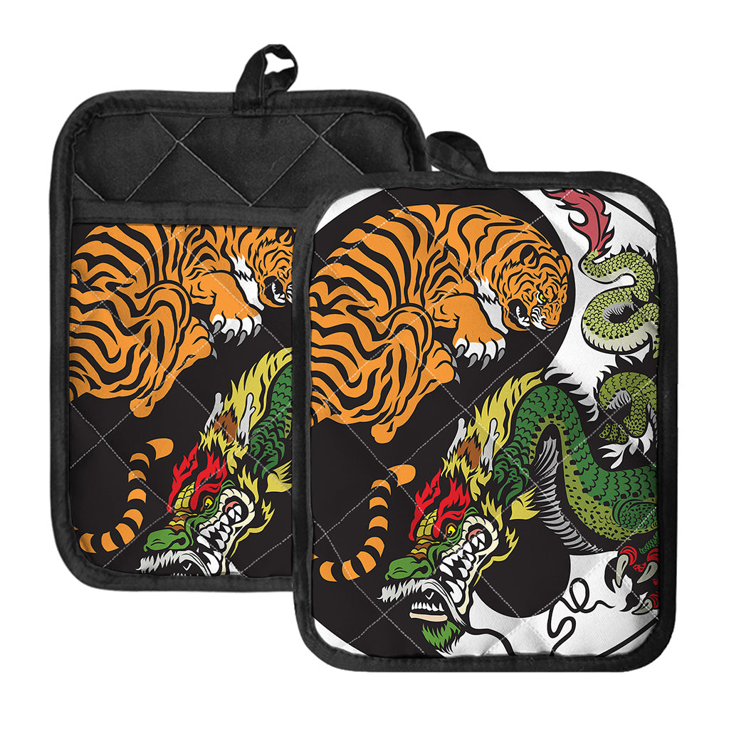 Tiger And Dragon Yin Yang Print Pot Holders With Pocket