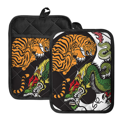 Tiger And Dragon Yin Yang Print Pot Holders With Pocket