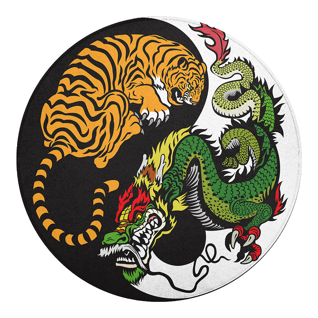 Tiger And Dragon Yin Yang Print Round Blanket