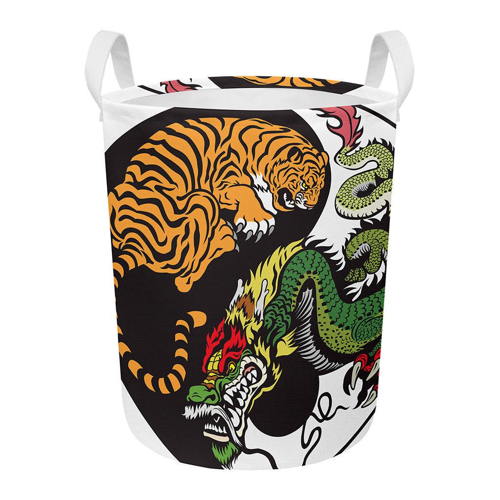 Tiger And Dragon Yin Yang Print Round Laundry Basket