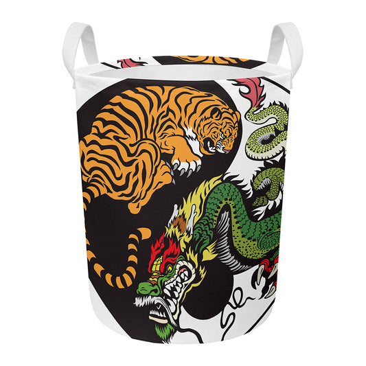 Tiger And Dragon Yin Yang Print Round Laundry Basket