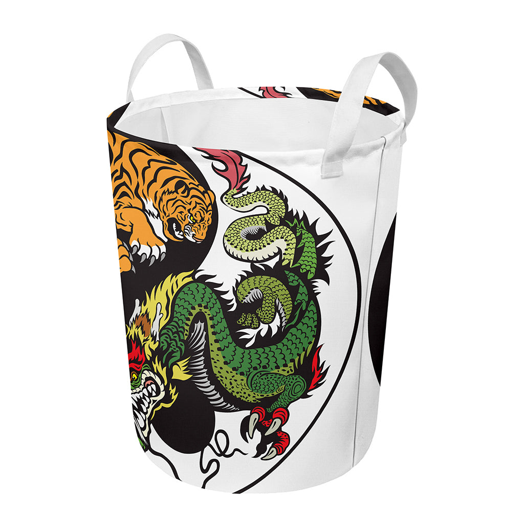 Tiger And Dragon Yin Yang Print Round Laundry Basket